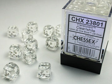 36 12mm Translucent Clear/white D6 Dice Block - CHX23801