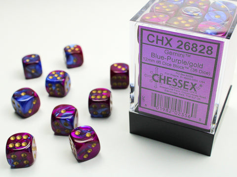 36 12mm Gemini Blue-Purple/gold D6 Dice Block - CHX26828