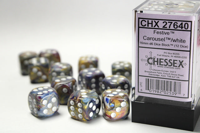 12 Carousel/white Festive 16mm D6 Dice Block - CHX 27640