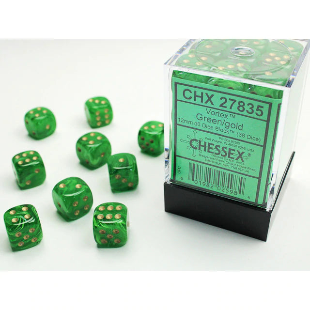 36 12mm Green w/Gold Vortex D6 Dice Block - CHX27835