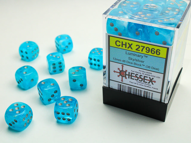 36 12mm Sky w/Silver Luminary D6 Dice - CHX27966