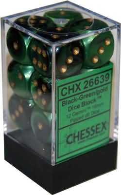 12 16mm Black-Green w/Gold D6 Dice Set - CHX26639