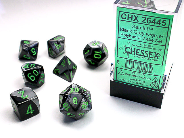 Gemini Black-Grey/Green Polyhedral 7-Die Set - CHX26445