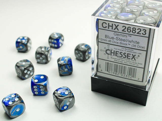 36 12mm Blue-Steel w/White Gemini D6 Dice - CHX26823