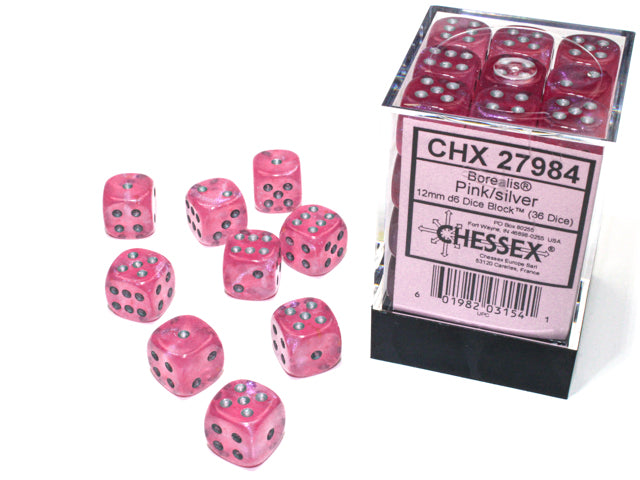 36 12mm Pink w/Silver Borealis Luminary D6 Dice - CHX 27984