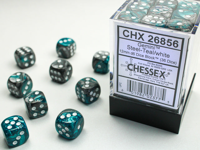 36 12mm Steel-Teal w/White Gemini D6 Dice - CHX26856