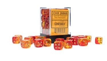 36 12mm Translucent Red-Yellow/gold Gemini d6 Dice CHX26868